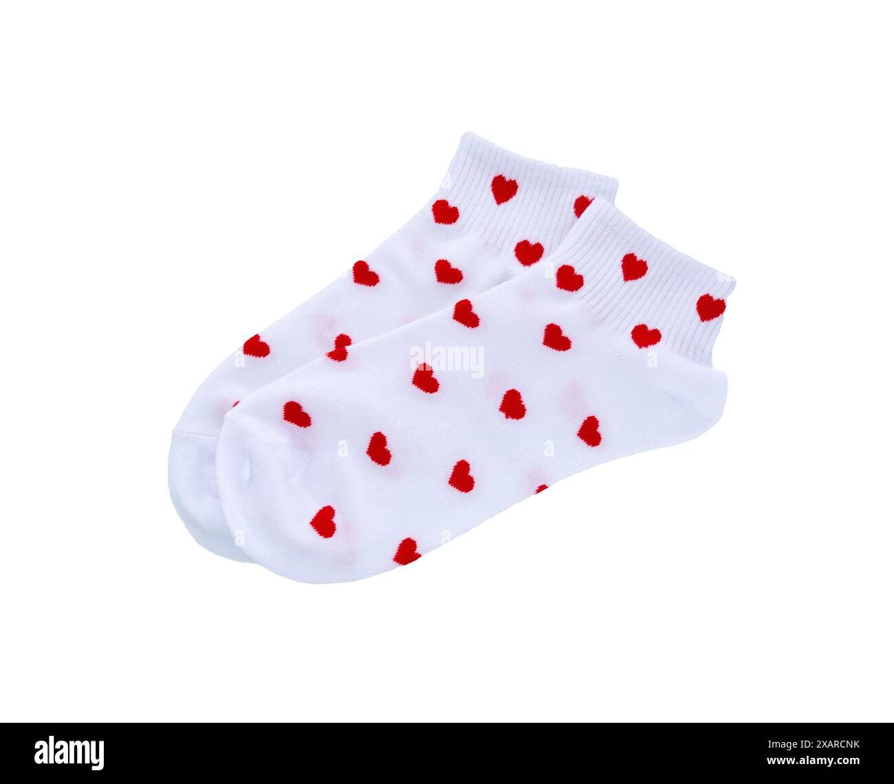Chaussettes blanches avec motif isolé sur fond blanc. Banque D'Images
