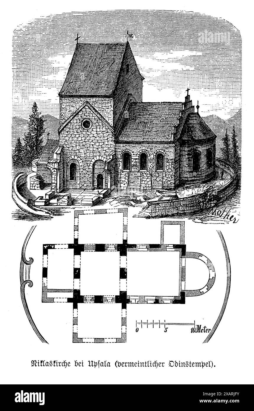 Gravure en noir et blanc représentant l'église Gamla Uppsala, historiquement vénérée comme le site d'un ancien temple dédié à Odin. L'œuvre d'art capture magnifiquement à la fois une vue extérieure et le plan architectural de l'église, fournissant un aperçu détaillé de sa structure historique et de sa signification spirituelle. La gravure invite les spectateurs à explorer un mélange de beauté architecturale et de mythologie nordique ancienne Banque D'Images