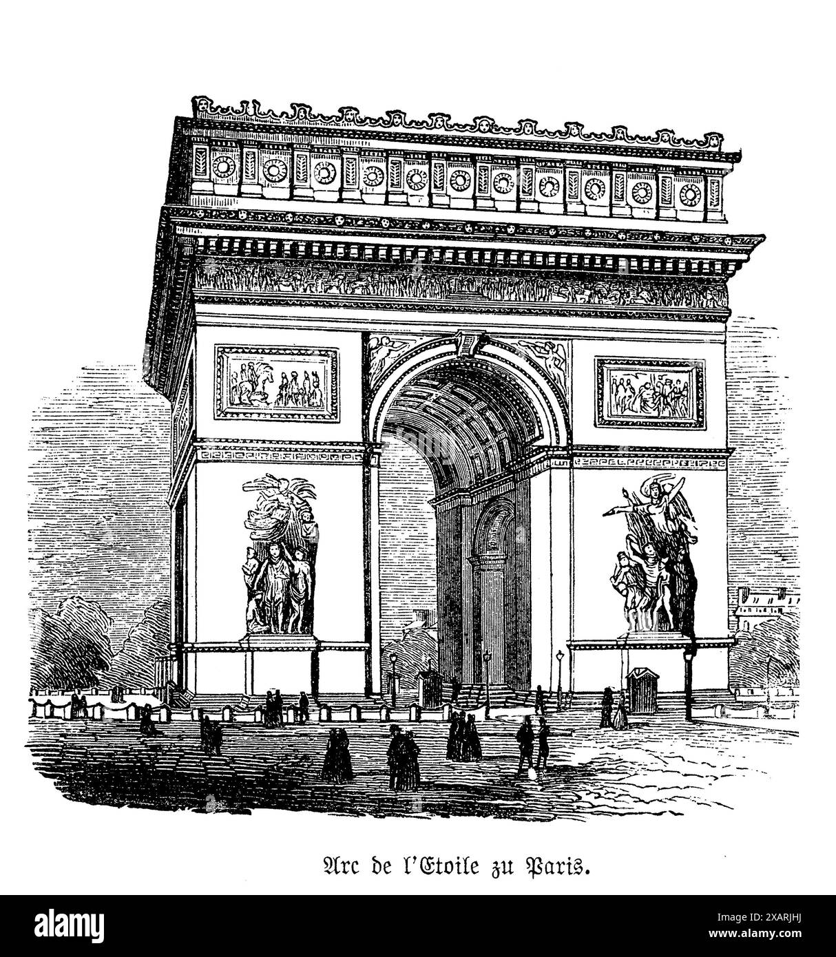 L'Arc de Triomphe, se dressant majestueusement au centre de la place Charles de Gaulle à Paris. L'œuvre d'art capture la structure imposante du monument et les reliefs complexes, qui commémorent les victoires et les soldats des guerres napoléoniennes. La grande arche, conçue par Jean Chalgrin, est un symbole de la fierté nationale française et un exemple emblématique de l'architecture néoclassique du début du XIXe siècle Banque D'Images