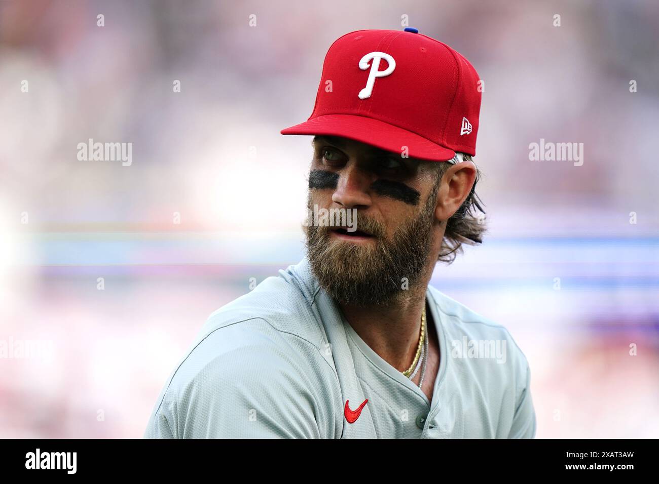 Bryce Harper des Phillies de Philadelphie lors du premier jour du match de la MLB London Series au stade de Londres. Date de la photo : samedi 8 juin 2024. Banque D'Images