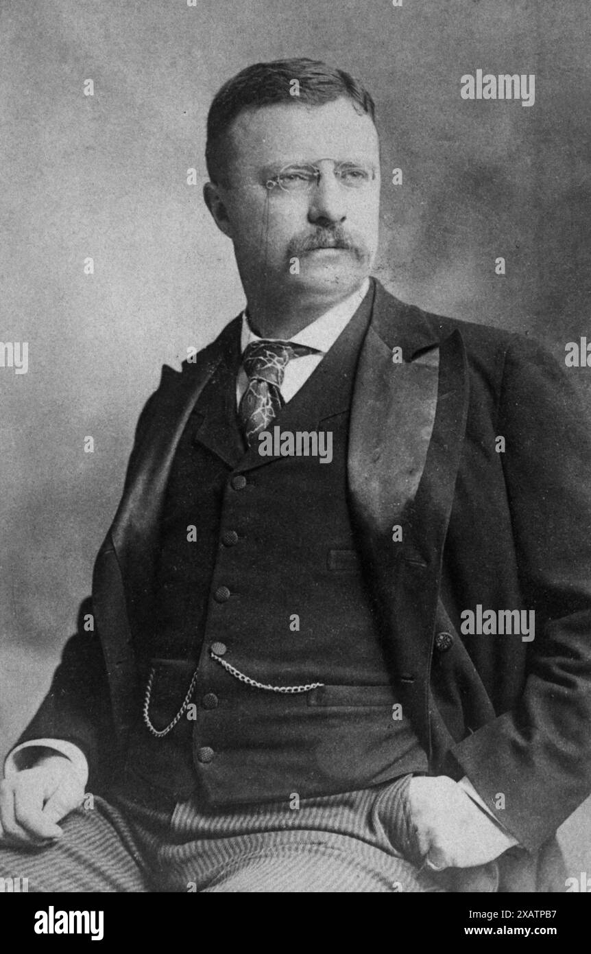Theodore Roosevelt, le 26e président des États-Unis, a servi de 1901 à 1909. Connu pour sa personnalité exubérante et sa masculinité robuste, Roosevelt a été une force motrice de l'ère progressiste, mettant en œuvre des réformes majeures. Il a défendu les politiques du « Square Deal », en se concentrant sur la protection des consommateurs, le contrôle des sociétés et la conservation des ressources naturelles. Ancien Rough Rider, il a joué un rôle déterminant dans la négociation de la fin de la guerre russo-japonaise, gagnant un prix Nobel de la paix. Son héritage comprend la construction du canal de Panama et d'importants efforts de conservation du parc national. Banque D'Images