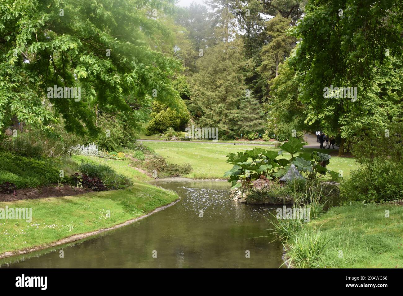 Le lac du jardin des plantes de Nantes, la promenade, la serre, et les jets d'eau Banque D'Images