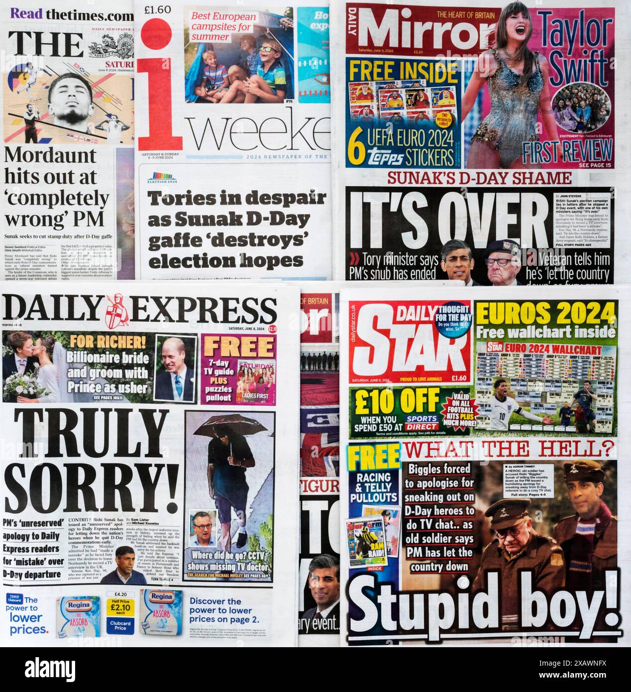 8 juin 2024. Une sélection de journaux britanniques présentant tous les troubles électoraux des conservateurs après le départ anticipé de Rishi Sunak de la commémoration du jour J en Normandie. Banque D'Images