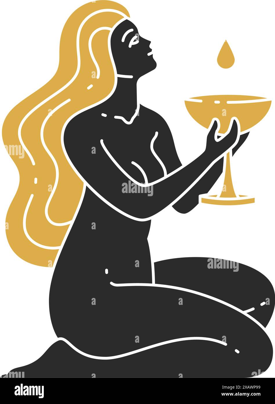 Belle femme agenouillée et tenant la silhouette de gobelet. Illustration vectorielle féminine boho pour le modèle d'impression d'affiche d'art mural. Concept de rituel occulte desi Illustration de Vecteur