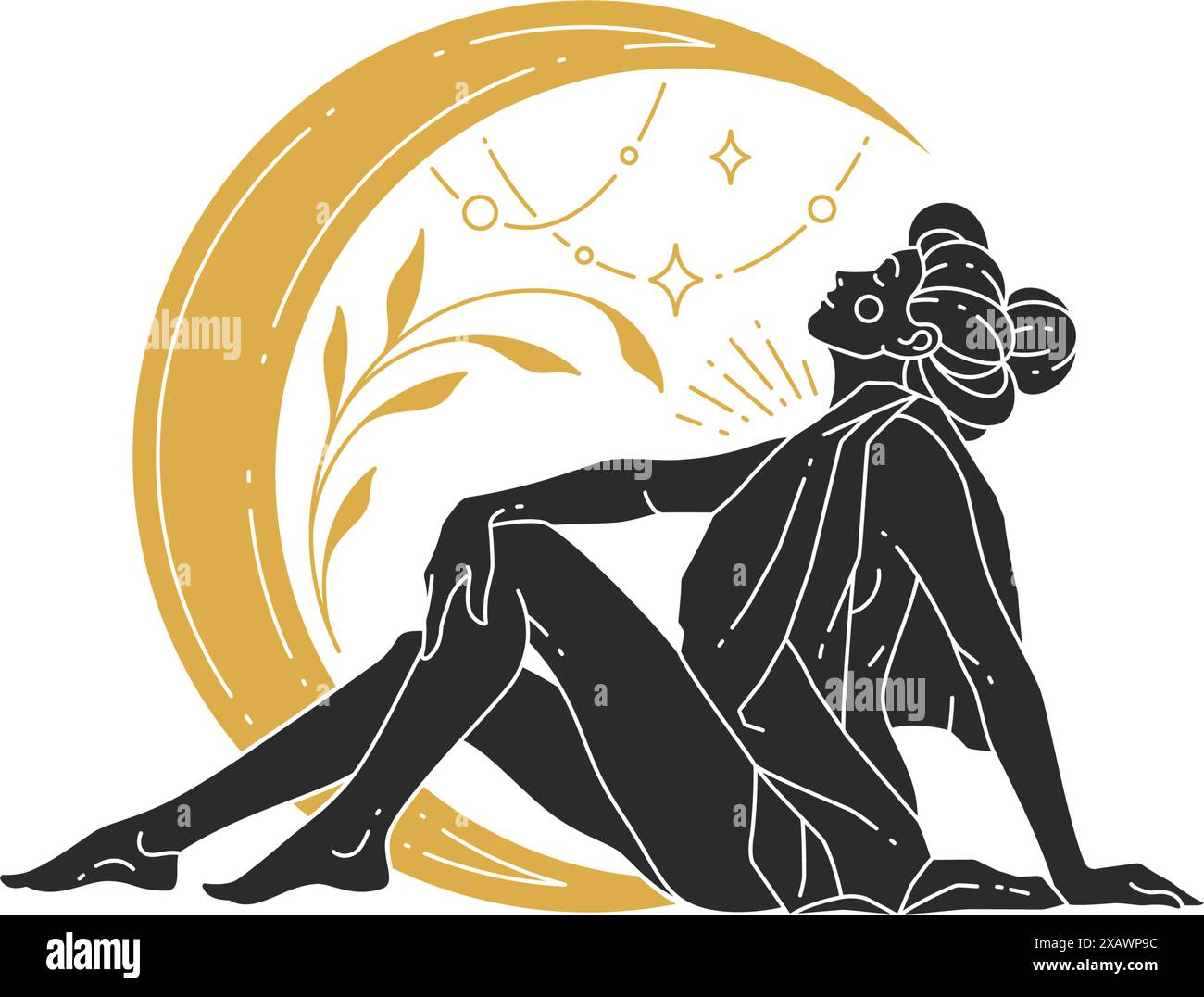 Femme de beauté assise avec croissant de lune et silhouette d'étoiles. Illustration vectorielle féminine bohème pour le modèle d'impression d'affiche d'art mural. Magic Women con Illustration de Vecteur