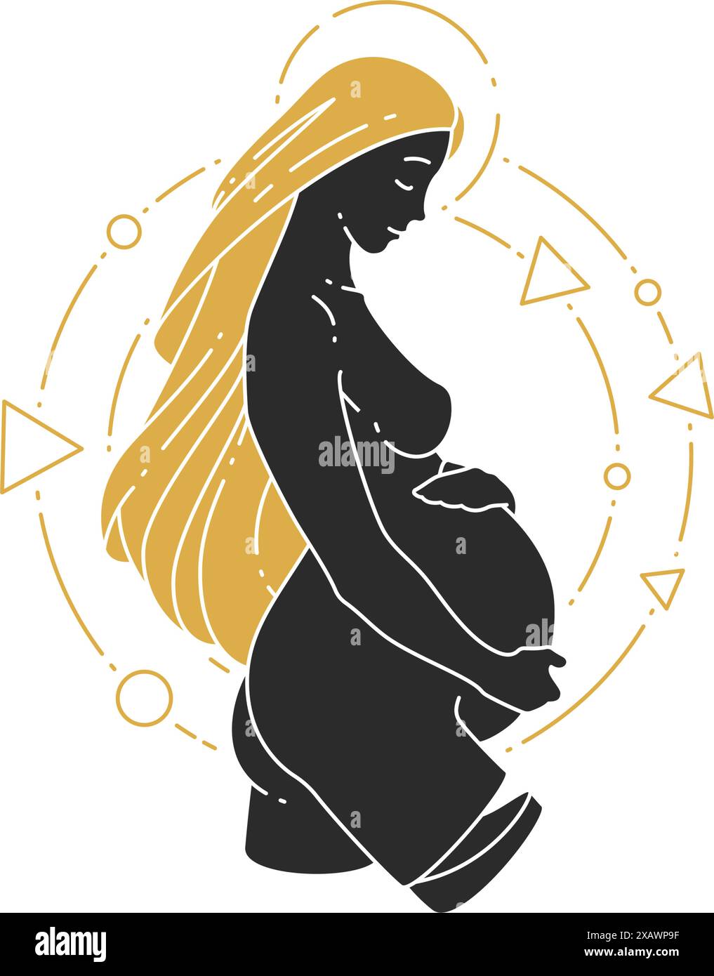 Femme enceinte embrassant l'illustration vectorielle de style silhouette de ventre. Dessin féminin enceinte boho pour affiche et décoration d'emblème de logo de maternité ou Illustration de Vecteur