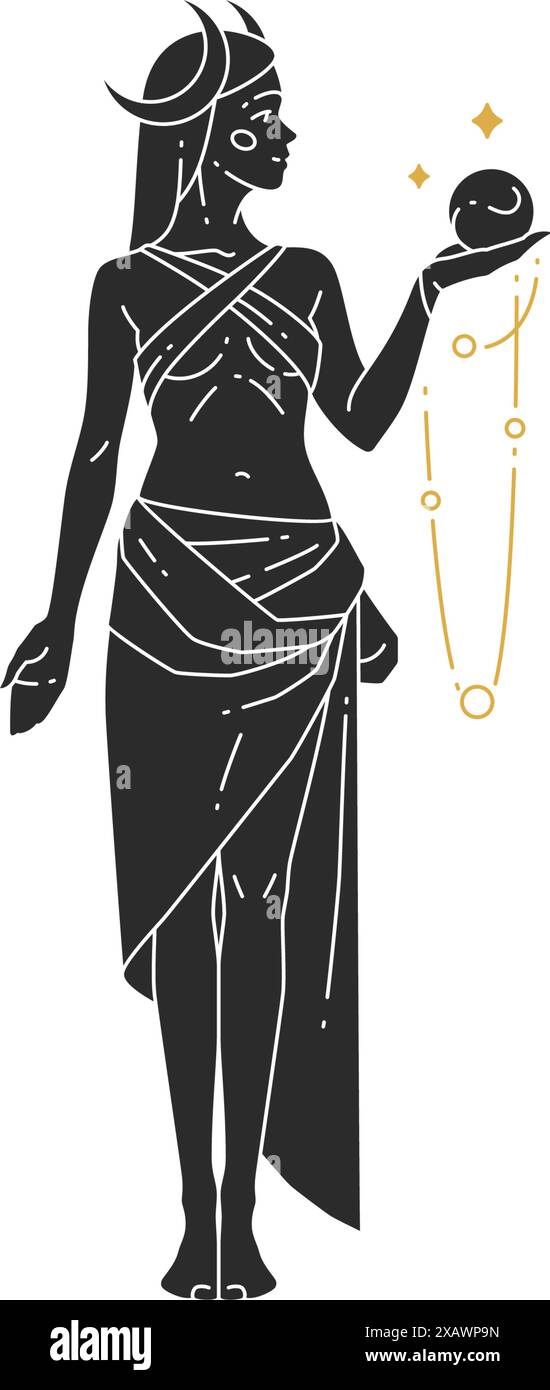 Belle déesse de femme bohème avec boule de cristal et silhouette de croissant de lune. Illustration vectorielle féminine bohème pour l'impression d'affiche d'art mural templat Illustration de Vecteur