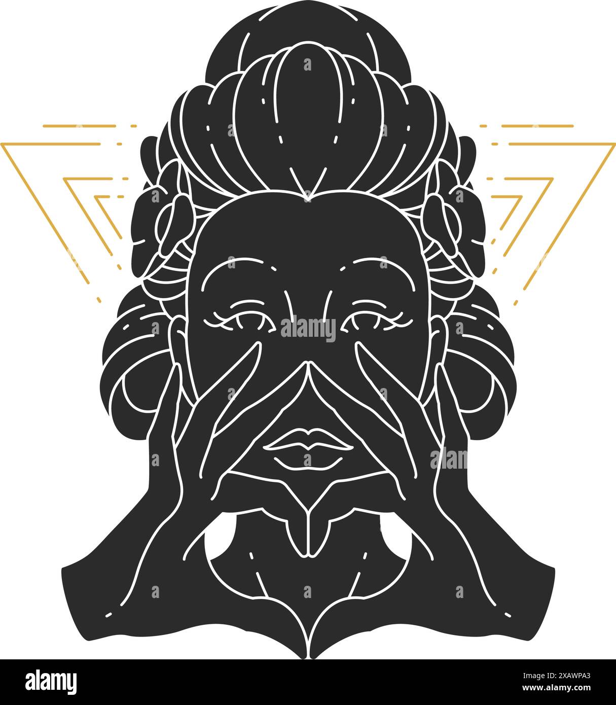 Beauté portrait féminin mystique avec des mains montrant la silhouette du coeur. Illustration vectorielle de femme magique pour le modèle d'impression d'affiche d'art mural. Femmes spirituelles Illustration de Vecteur