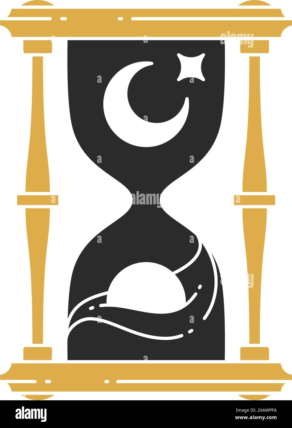Horloge de sable avec le soleil et le croissant de lune illustration vectorielle dessinée à la main de silhouette. Dessin de sablier pour affiche et décoration d'emblème de logo mystique ou fas Illustration de Vecteur