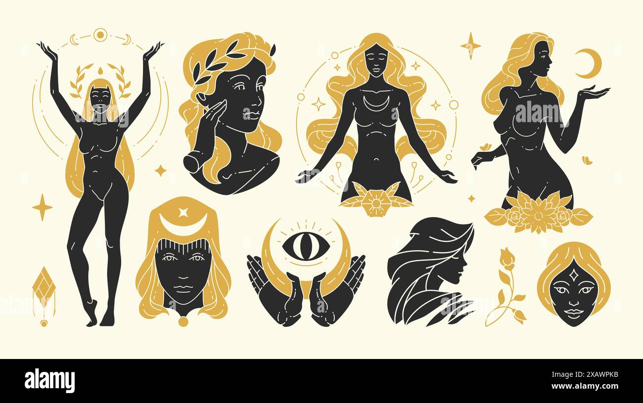 Illustrations vectorielles de femme magique de femmes féminines gracieuses et de symboles ésotériques. Éléments de conception de silhouette mystérieuse et sorcellerie pour la mode Illustration de Vecteur