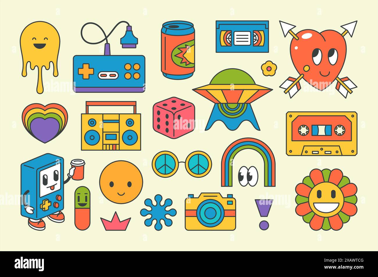 Rétro hippie électronique dispositifs graphiques éléments pop art groovy style contouré design décoratif vector illustration de dessin animé. Camomille vintage, joies Illustration de Vecteur