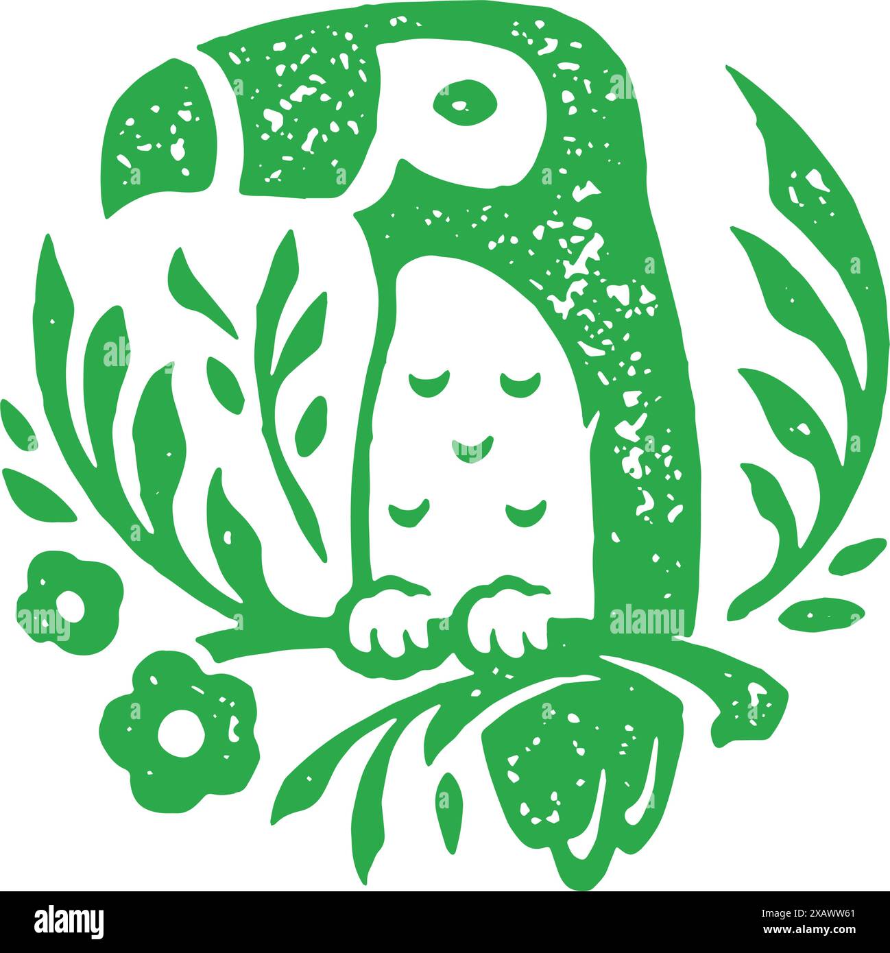 Joli perroquet tropical assis sur la végétation verte branche fleurs grunge texture vecteur illustration. Oiseau naturel avec grand habitat de bec forêt tropicale isol Illustration de Vecteur