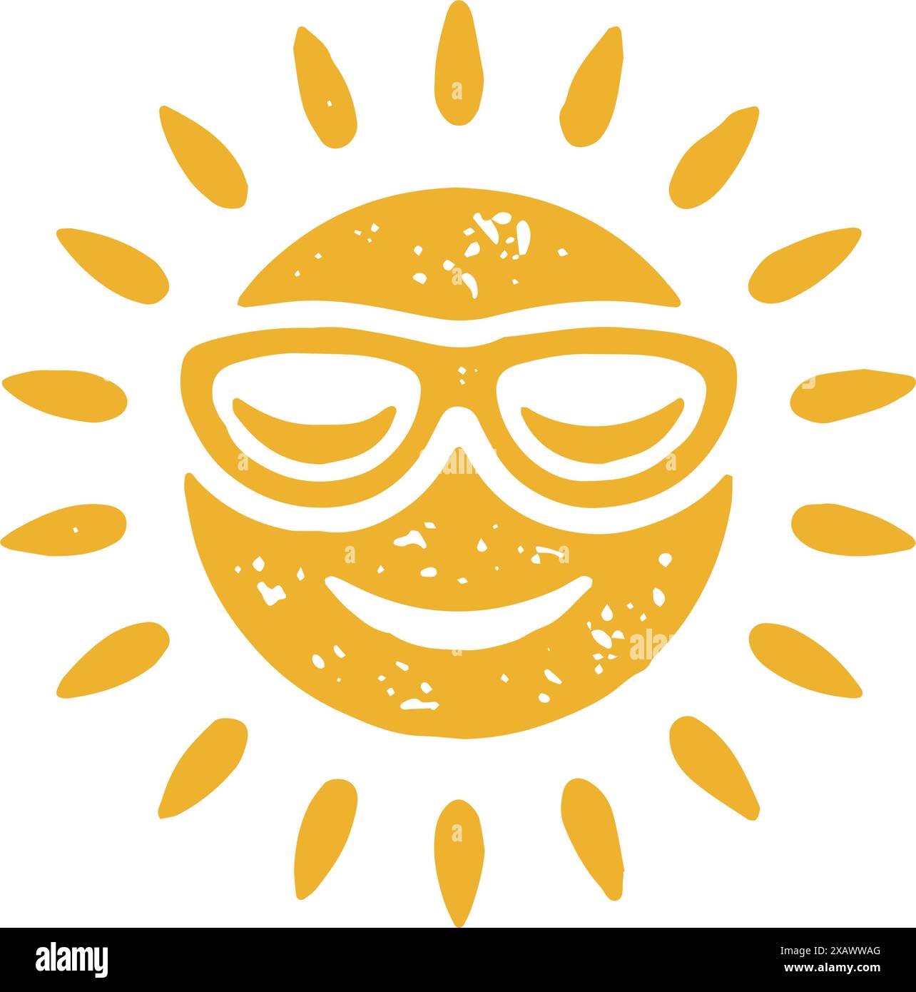 Mignon soleil jaune visage souriant portant des lunettes de soleil avec rayons lumineux design décoratif grunge texture vector illustration. Drôle de caractère ensoleillé symbole de Illustration de Vecteur