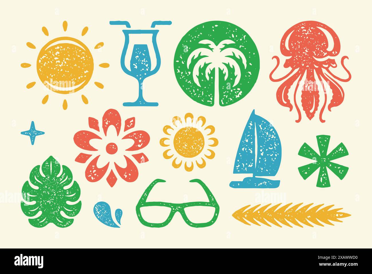 Les symboles d'été et les objets définissent l'illustration vectorielle. Soleil tropical avec palmier et fleur. Lunettes de soleil avec feuilles et gouttes. Étoiles abstraites Illustration de Vecteur