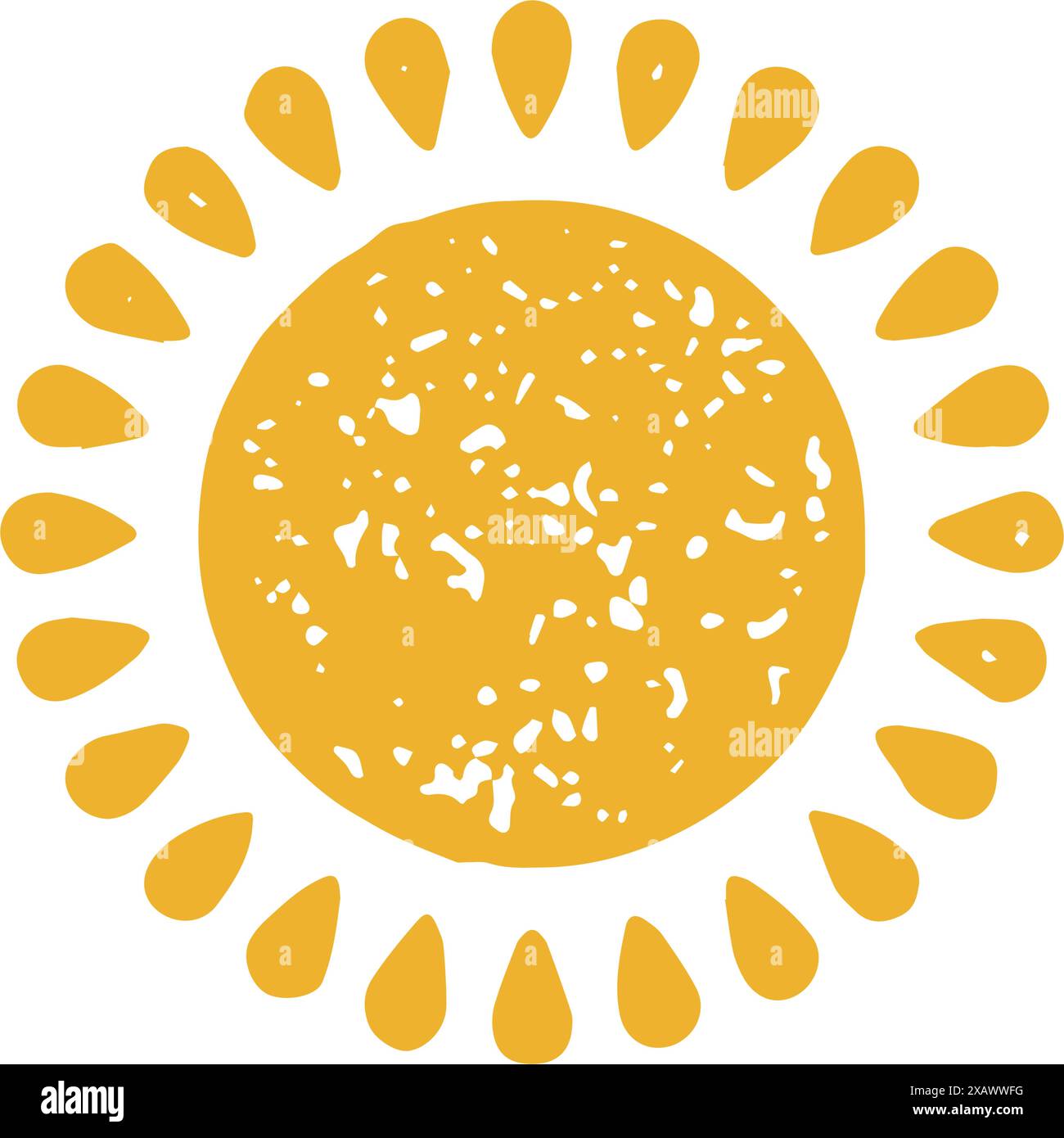 Grand soleil jaune naturel poutres courbes en forme de goutte entourées d'un cercle dessiné à la main grunge texture vector illustration. Elément de ciel lumineux et ensoleillé symbole de guerre Illustration de Vecteur