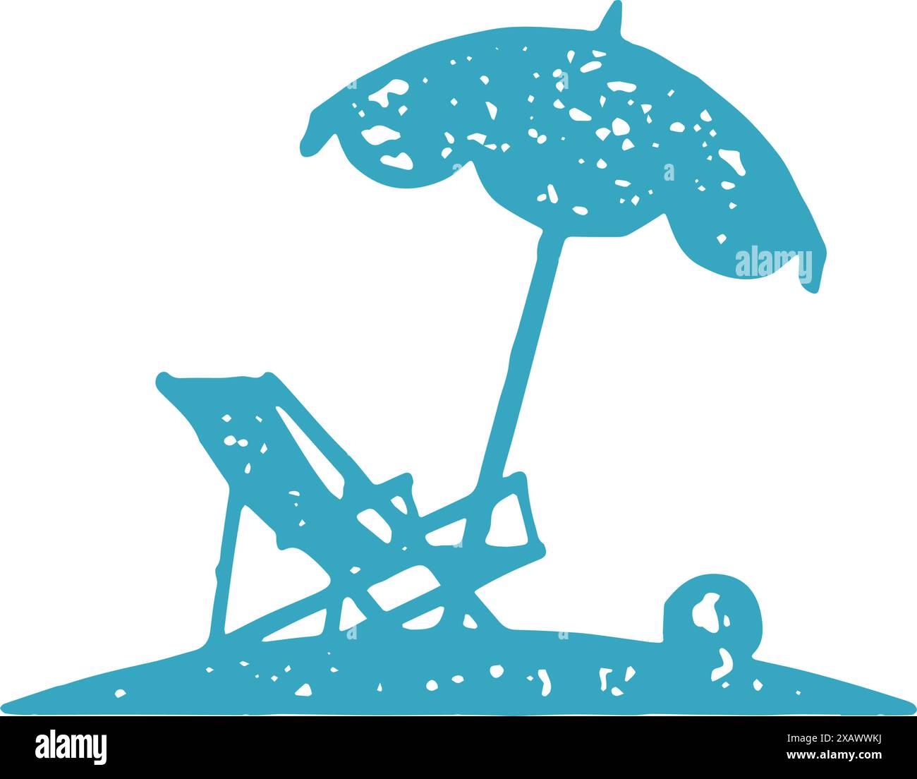 Chaise longue d'été avec boule sous parasol plage loisirs bains de soleil détente dessin main bleu grunge texture vector illustration. Loisirs de la côte l Illustration de Vecteur