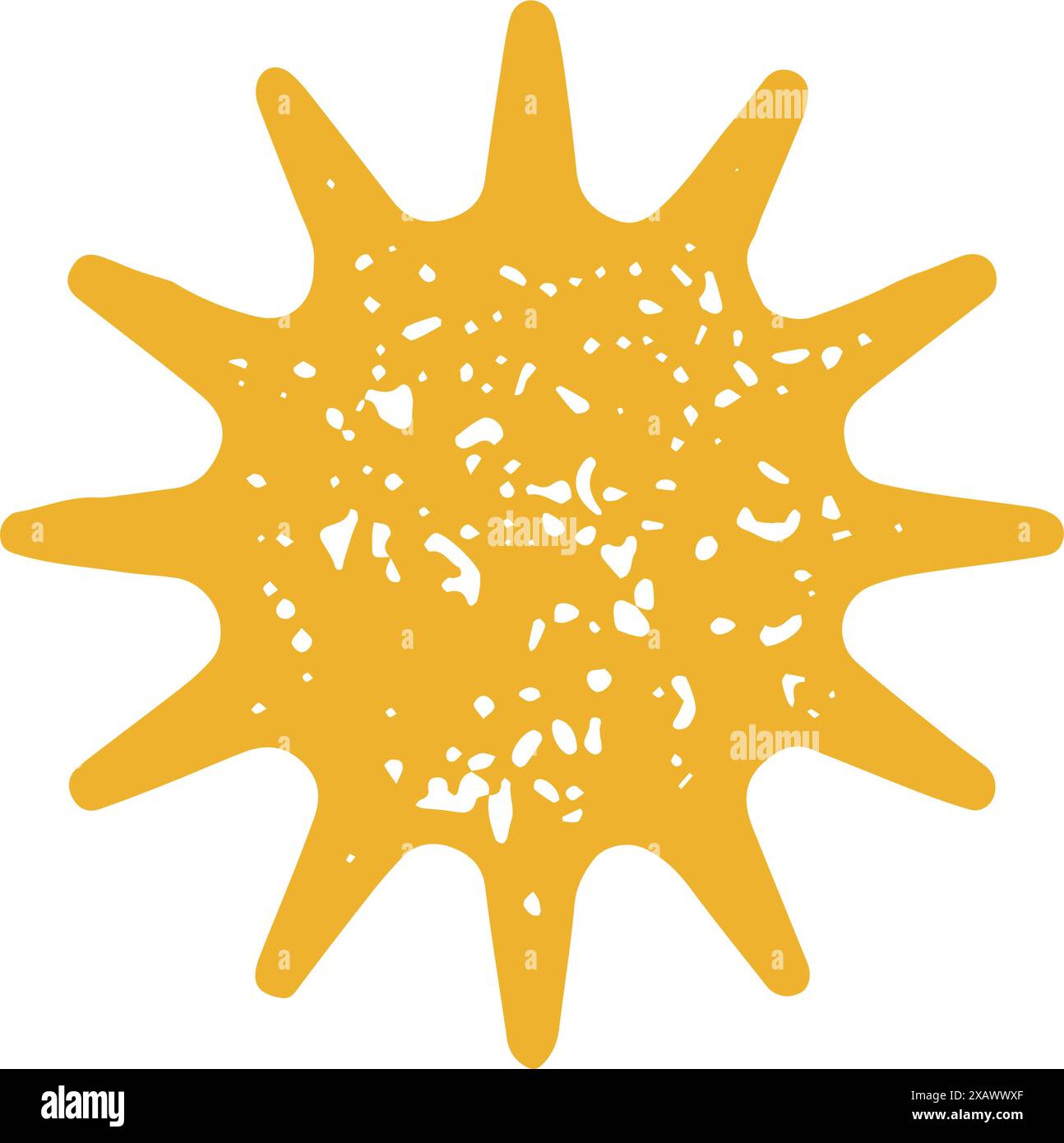 Soleil jaune arrondi avec des épines aiguisées dessin à la main grunge texture vector illustration. Cercle solaire rayons ensoleillés conception décorative isolée. Minimaliste si Illustration de Vecteur