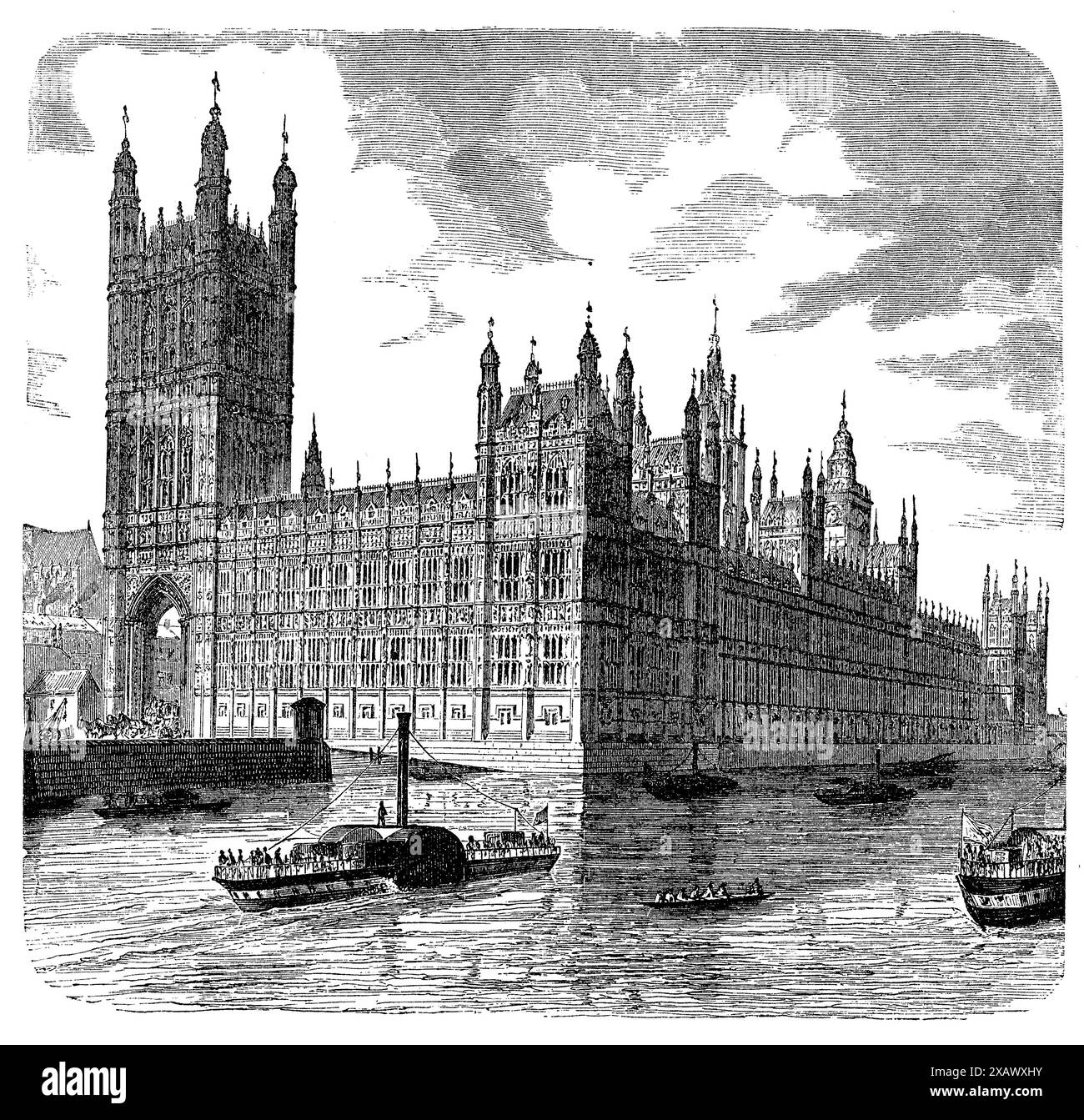 La gravure du Palais du Parlement de Westminster représente magistralement le siège emblématique et historique du gouvernement britannique. Cette œuvre d'art détaillée met en valeur la grandeur de l'architecture néo-gothique, avec ses façades élaborées, ses tours majestueuses et ses sculptures en pierre complexes. La gravure met en évidence l'imposante structure le long de la Tamise, mettant en valeur la célèbre tour de l'horloge Big Ben et la tour Victoria ornée. Les détails méticuleux et la perspective attirent les spectateurs dans la signification politique et historique de ce chef-d'œuvre architectural Banque D'Images