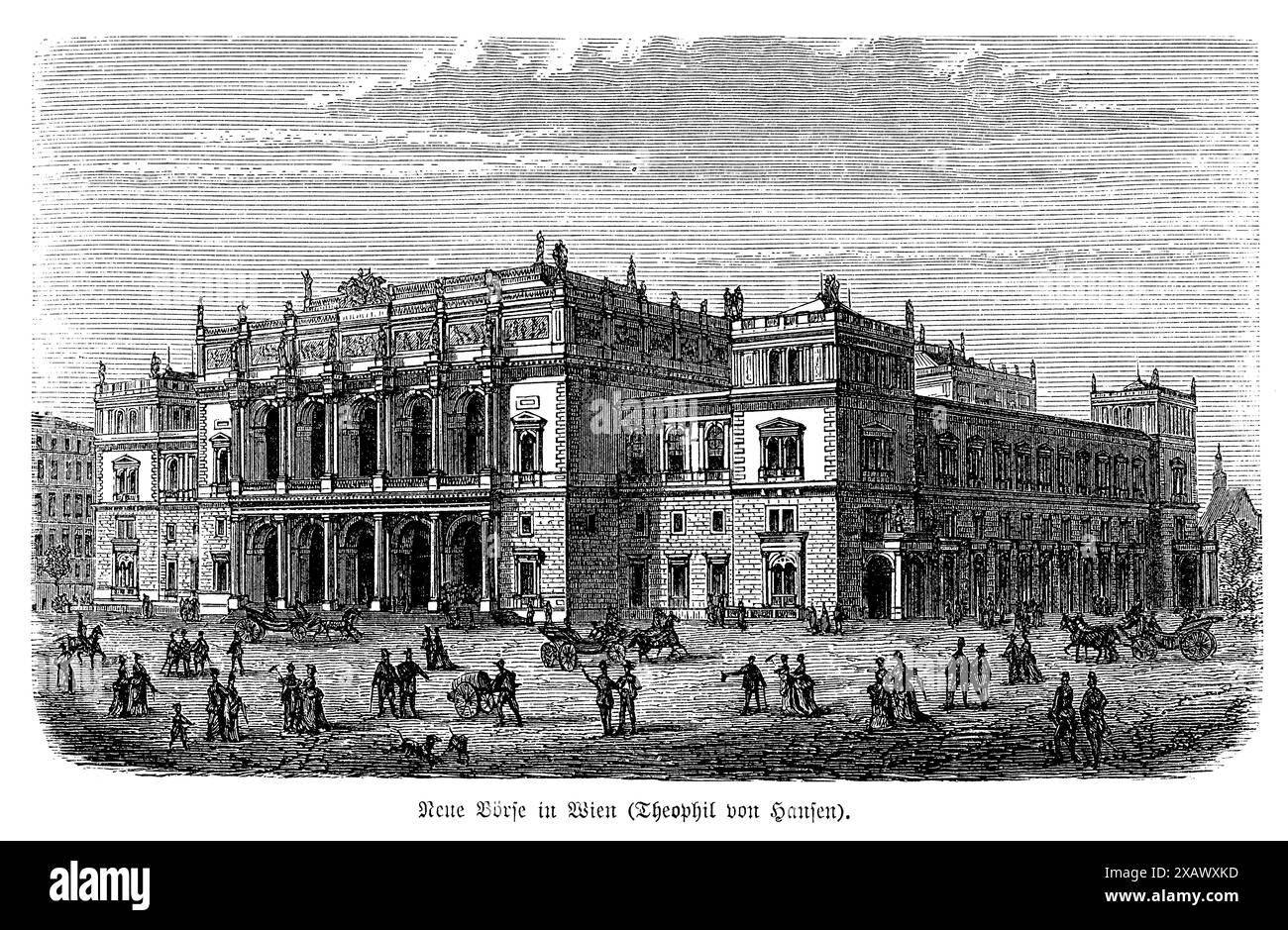 La gravure « Wiener Börse (Alte Börse am Schottenring) » met en valeur la grandeur et l'élégance de ce bâtiment historique, conçu par Theophil von Hansen. Comme un excellent exemple de l'architecture néoclassique, la gravure met en évidence l'impressionnante façade du bâtiment, caractérisée par des colonnes majestueuses, des sculptures complexes et une symétrie harmonieuse. La perspective capture l'entrée majestueuse et la maçonnerie détaillée, reflétant l'importance du Wiener Börse en tant que centre financier central à Vienne. Cette œuvre rend hommage aux prouesses architecturales et à l'importance historique de l'ol Banque D'Images