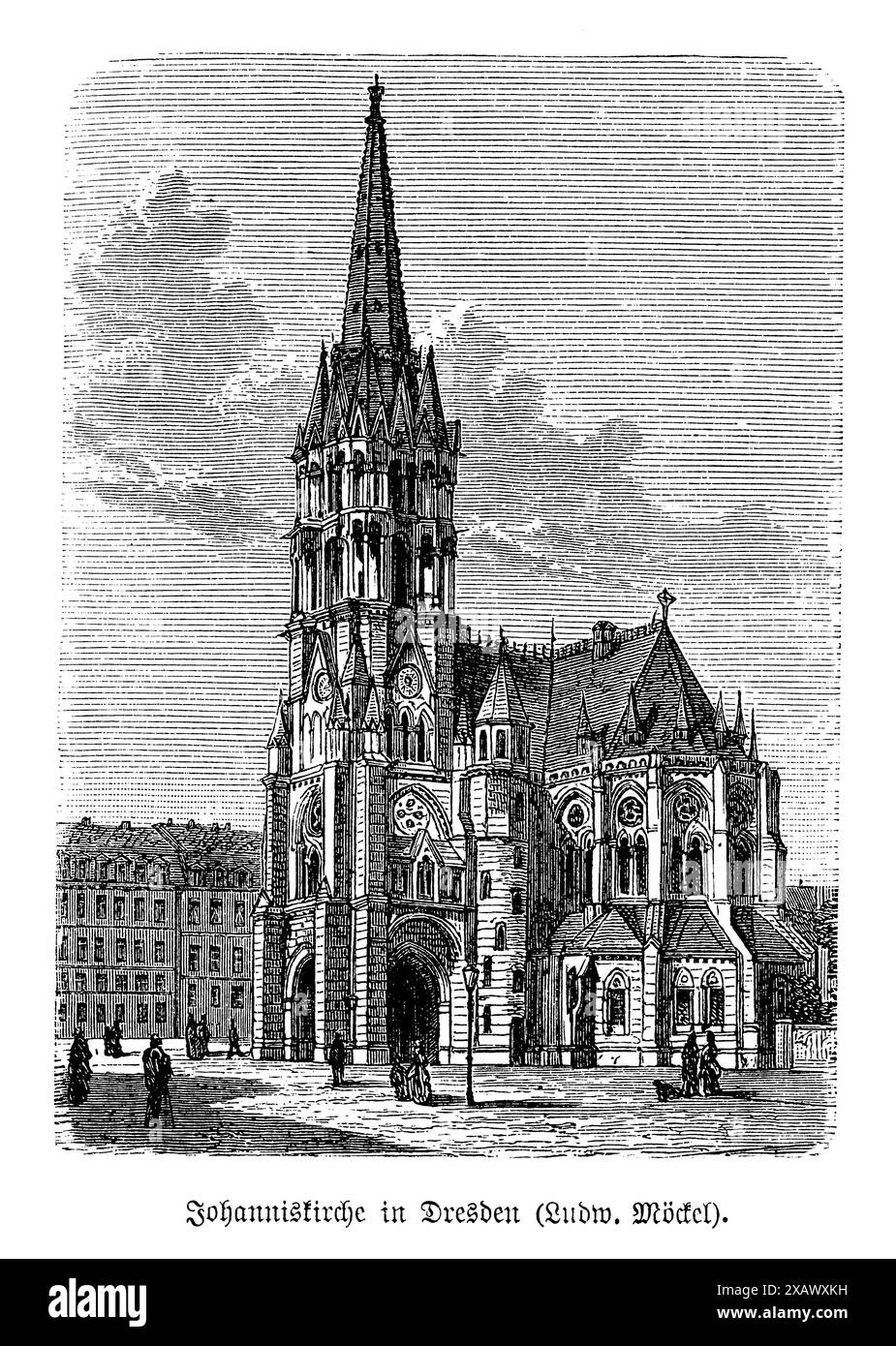 La gravure « John's Church, Dresde » représente magnifiquement la magnificence architecturale de cette église historique, conçue par Gotthilf Ludwig Möckel. L'œuvre d'art met en valeur le superbe design néo-gothique de l'église, avec des flèches montantes, des pierres complexes et une façade impressionnante. Le rendu détaillé met en valeur les arcs pointus de l'église, les tracés élaborés et les décorations ornées. Cette gravure capture la grandeur et l'ambiance spirituelle de l'église de Saint Jean, reflétant son importance en tant que monument culturel et religieux à Dresde et son rôle dans la richesse architecturale de la ville Banque D'Images