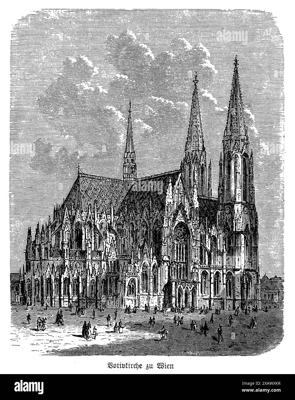 La gravure « Votivkirche, Vienne » capture magnifiquement la majestueuse architecture néo-gothique de cette église emblématique, conçue par Heinrich von Ferstel. La représentation détaillée met en valeur les flèches jumelles de l'église, les sculptures en pierre complexes et la façade impressionnante. La gravure met en valeur les arches élevées, les tracés élaborés et les décorations ornées qui caractérisent l'extérieur de la Votivkirche. Cette œuvre d'art reflète l'importance de l'église en tant que monument monumental à Vienne, incarnant à la fois le riche patrimoine architectural de la ville et son histoire spirituelle. La Votivkirche est un témoignage de NEO Banque D'Images