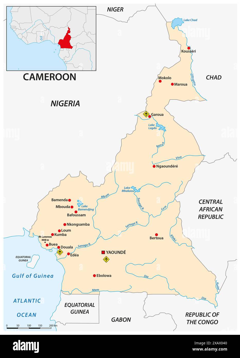 Carte simple de l'état africain du Cameroun Banque D'Images