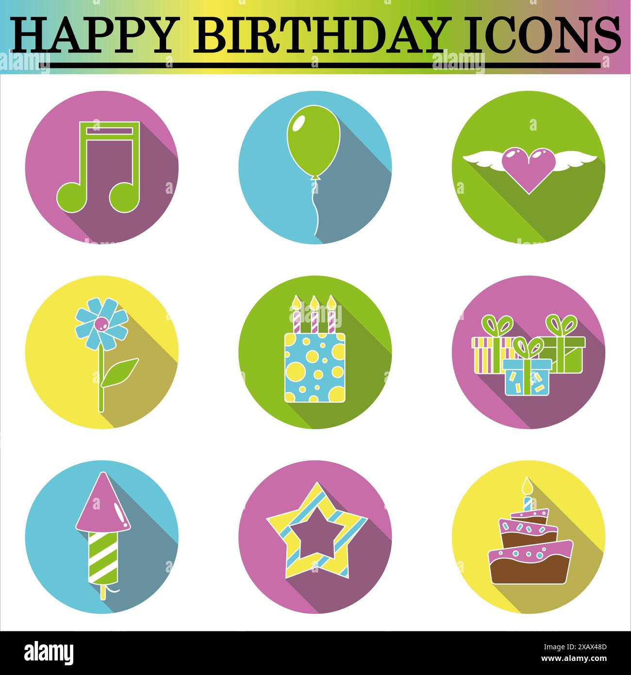 Ensemble d'icônes plates d'anniversaire avec ombre sur le fond blanc. Icônes de célébration. Vecteur isolé. Banque D'Images