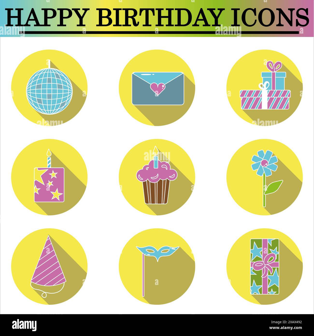 Ensemble d'icônes plates d'anniversaire avec ombre sur le fond blanc. Icônes de célébration. Vecteur isolé. Banque D'Images