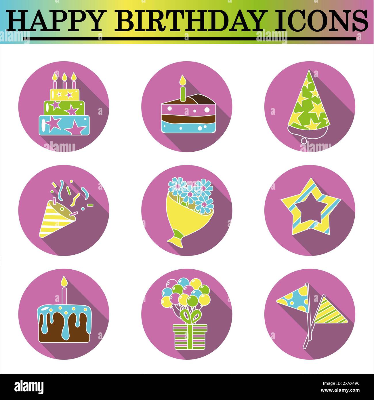 Ensemble d'icônes plates d'anniversaire avec ombre sur le fond blanc. Icônes de célébration. Vecteur isolé. Banque D'Images