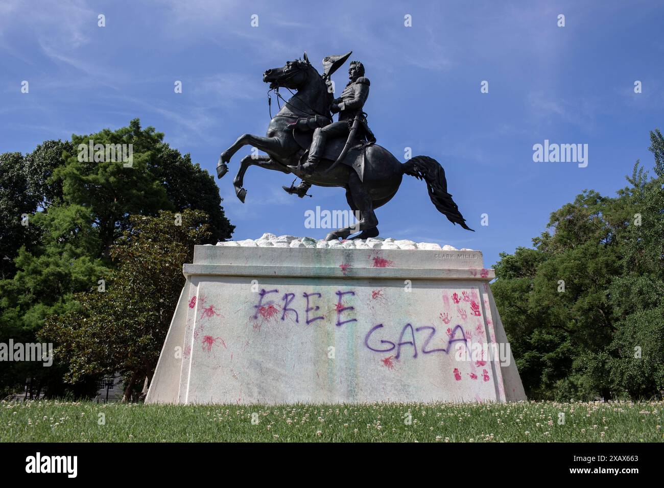 Washington, États-Unis. 08 juin 2024. Des militants pro-palestiniens laissent des drapeaux palestiniens et des graffitis sur la statue du général Andrew Jackson à Lafayette Park à côté de la Maison Blanche lors d’une manifestation à Washington DC le 8 juin 2024. Des milliers de manifestants pro-palestiniens vêtus de vêtements rouges entourent la Maison Blanche d'une bannière rouge de deux kilomètres de long symbolisant la « ligne rouge » du président Biden de l'invasion israélienne de Rafah. (Photo de Probal Rashid/Sipa USA) crédit : Sipa USA/Alamy Live News Banque D'Images
