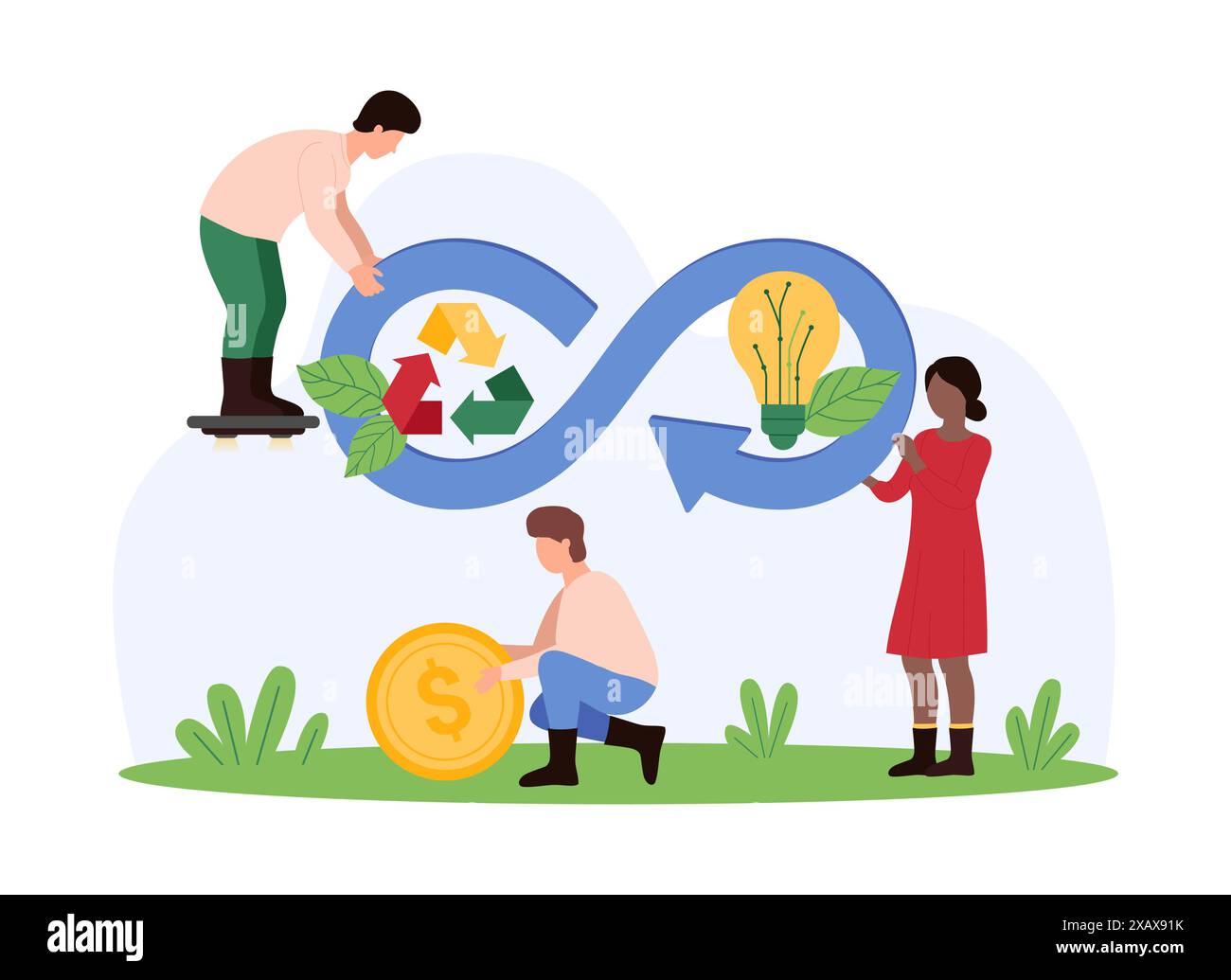 Économie circulaire, idées de sécurité écologique pour le recyclage et la gestion des déchets. Minuscules personnes tenant l'infini, ampoule et signe de recyclage pour développer une stratégie technologique durable illustration vectorielle de dessin animé Illustration de Vecteur