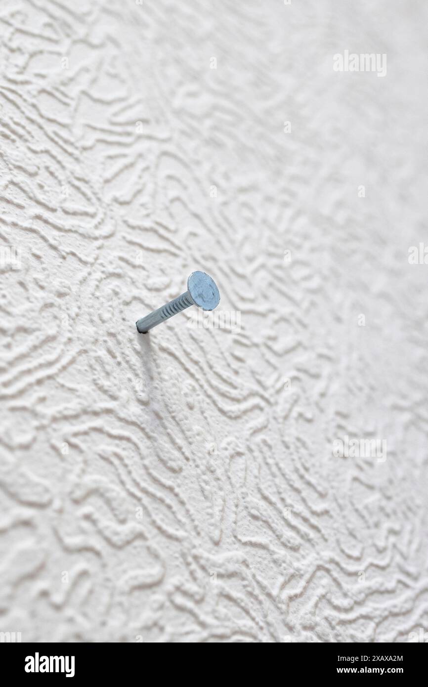 vue du clou en acier dans le mur blanc de près Banque D'Images