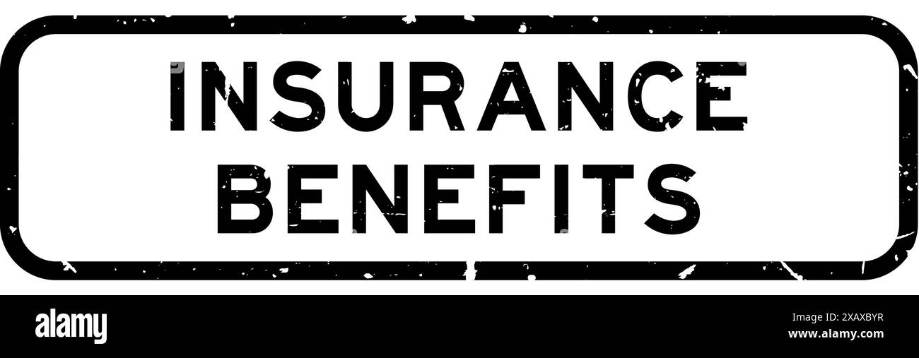 Grunge noir assurance avantages mot carré tampon de joint en caoutchouc sur fond blanc Illustration de Vecteur