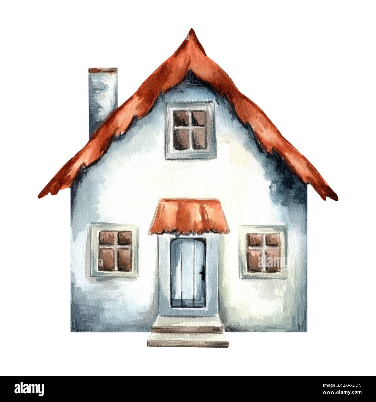 Maison de campagne confortable. Maison de village de jardin de dessin animé. Illustration d'aquarelle dessinée à la main isolée. Façade de bâtiment de style provençal. Cabane forestière en vintage. Banque D'Images