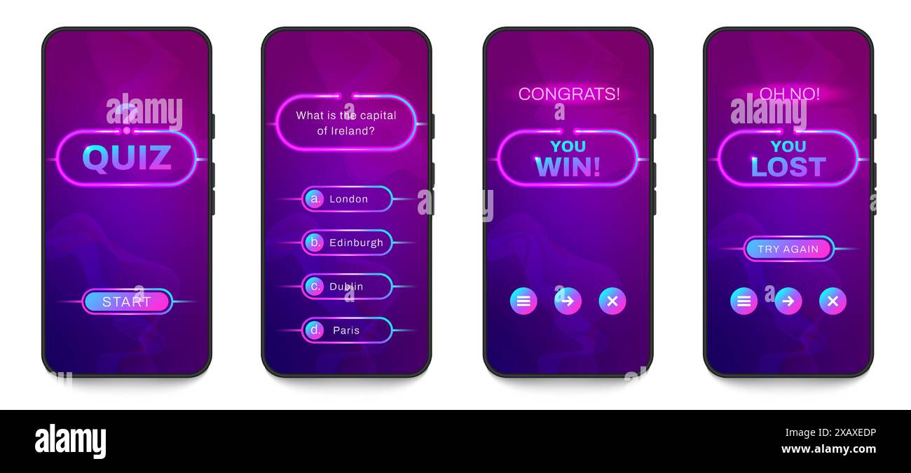 Interface de jeu de quiz mobile. Modèle de questionnaire avec questions à choix multiples, test d'examen et mise en page de l'application d'évaluation. Conception infographique vectorielle. Illustration de Vecteur