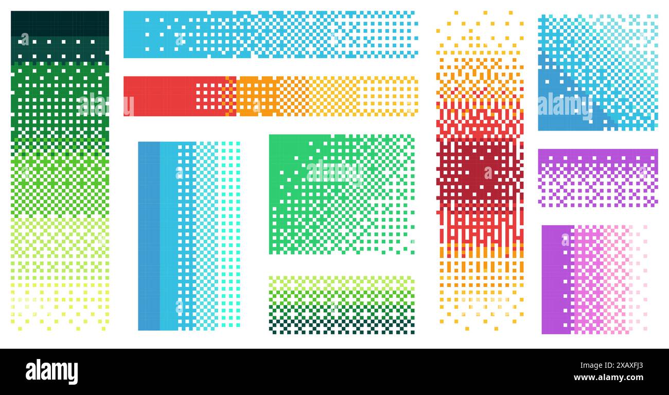 Dégradé de couleurs en pixels. Rétro 80s 90s grille de mosaïque colorée, fond d'arc-en-ciel numérique géométrique avec des formes arc-en-ciel aléatoires. Texture vectorielle. Illustration de Vecteur