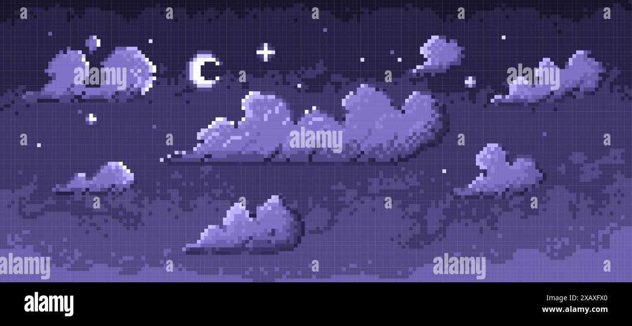 Pixel ciel nocturne. Fond rétro poly bas avec étoiles et nuages, scène spatiale nostalgique 8 bits. Illustration monochrome vectorielle. Illustration de Vecteur