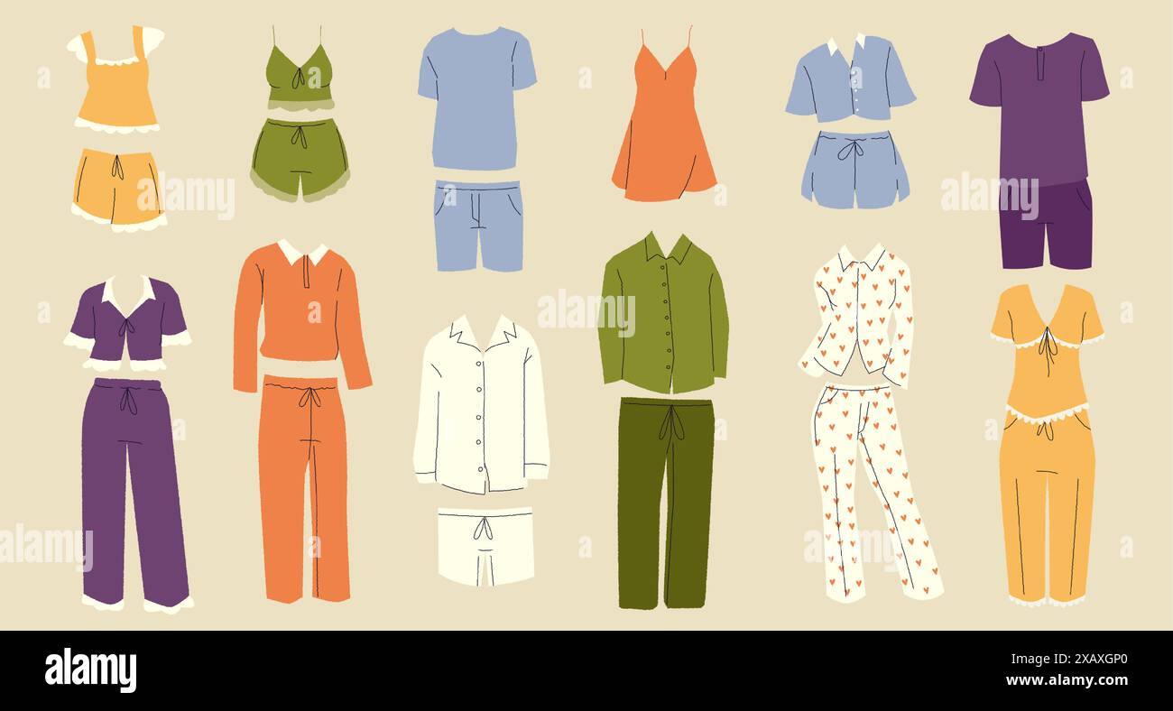 Pyjama. Vêtements de nuit pour enfants de bande dessinée, ensemble de pyjama drôle avec différents modèles, vêtements de chemise de nuit mignons pour le coucher. Collection isolée par vecteur. Illustration de Vecteur