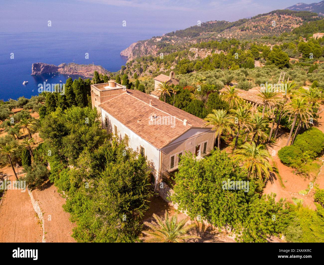 Vue aérienne du monastère de Miramar, Valldemossa, Majorque, Îles Baléares, Espagne Banque D'Images