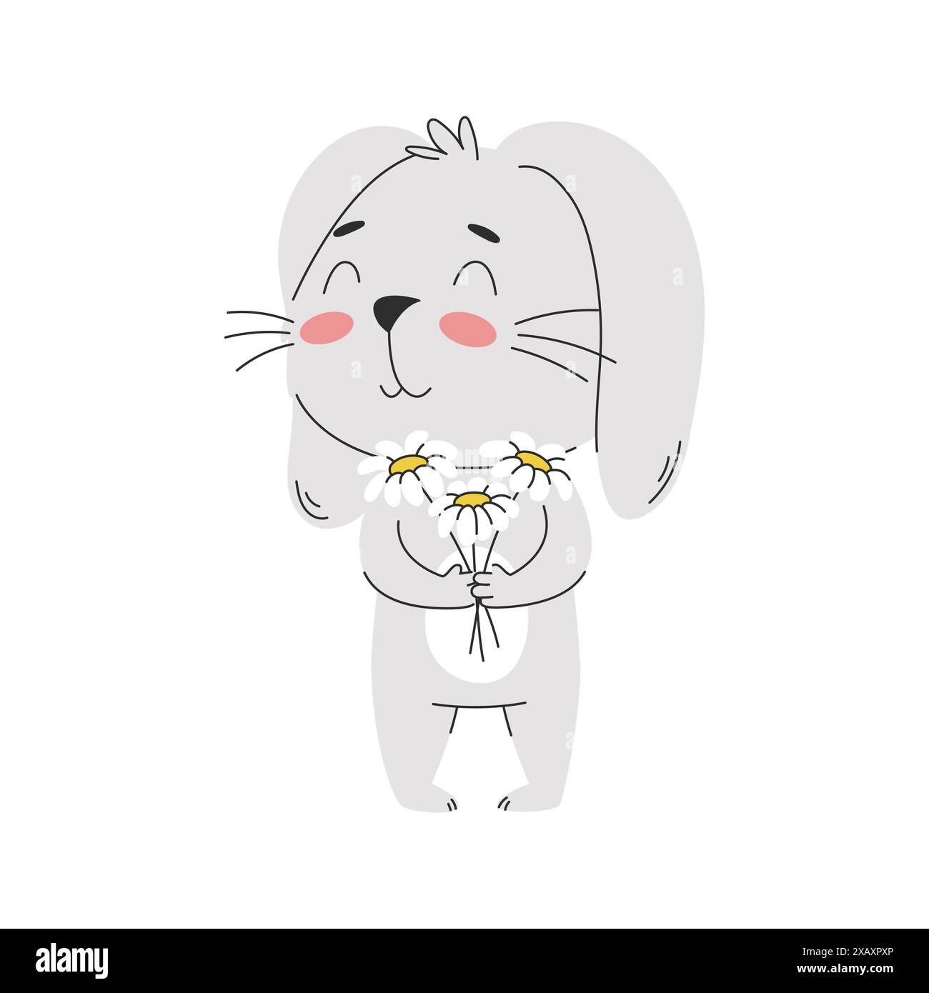 Un lapin souriant de dessin animé tient un bouquet de marguerites. Personnage de lapin mignon. Illustration vectorielle simple isolée sur blanc Illustration de Vecteur