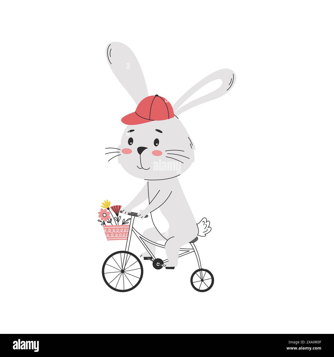 Un lapin souriant de dessin animé chevauchant un vélo avec un panier de fleurs. Personnage de lapin mignon. Illustration vectorielle simple sur un fond blanc Illustration de Vecteur