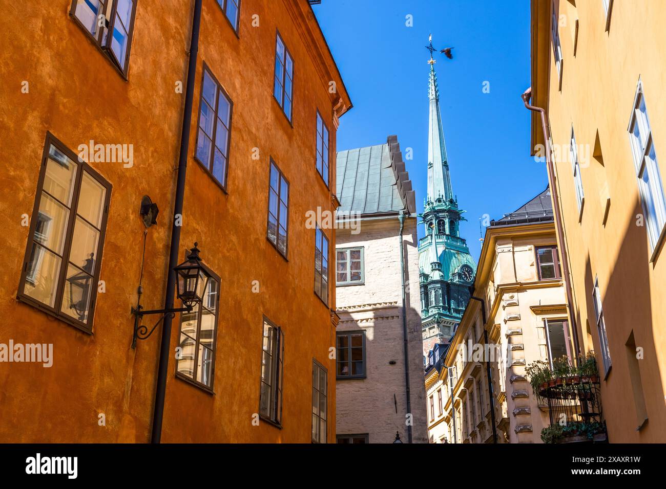 Vieille rue de Stockholm, Gamla Stan avec la tour de l'église de Tyska kyrkan. L'église allemande est le lieu de culte de la plus ancienne congrégation allemande à l'étranger. L'architecture du paysage urbain de Stockholm a une influence italienne. Stockholm, Suède Banque D'Images