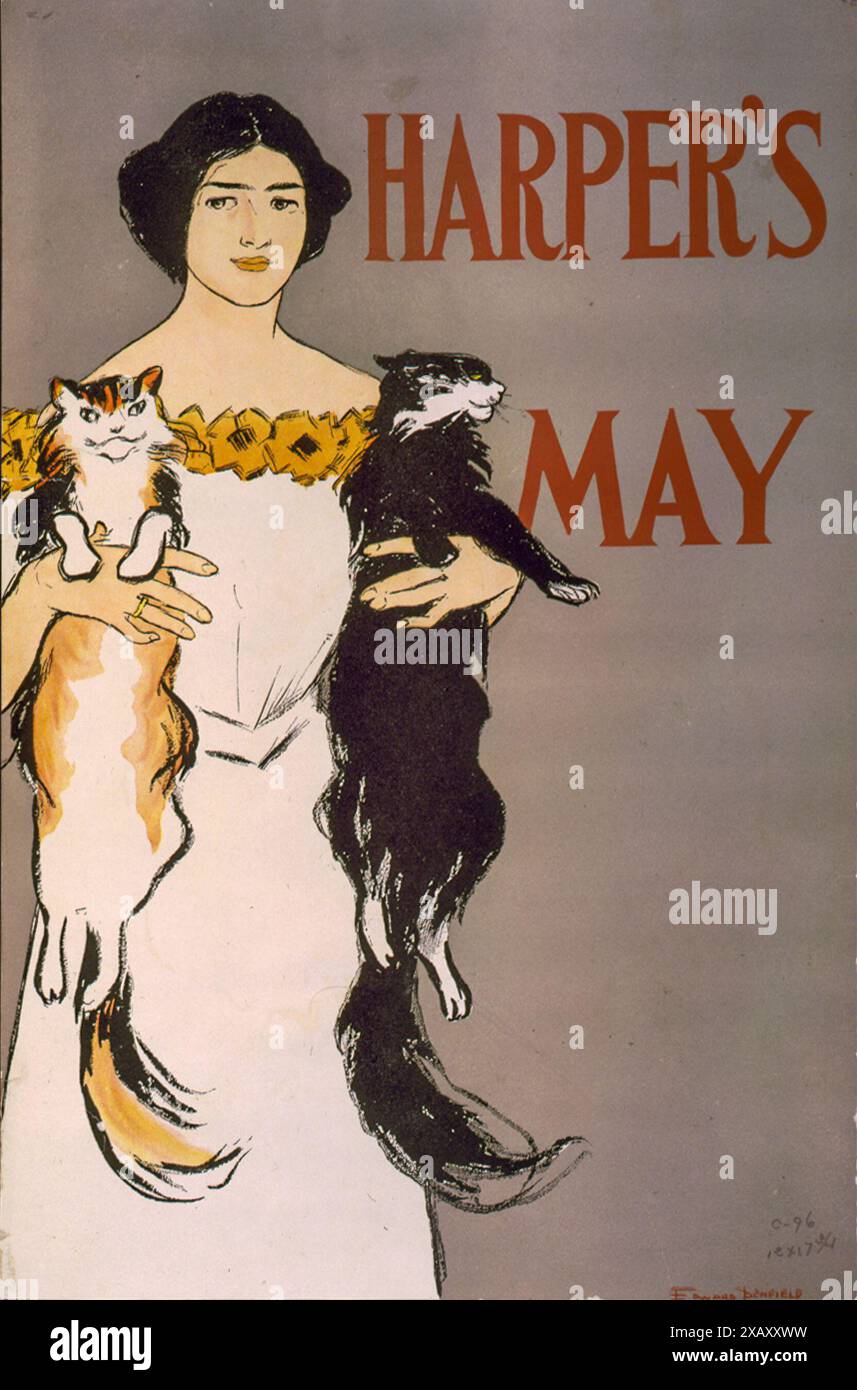 Harper's May / Edward Penfield (affiche publicitaire pour Harper's Magazine, 1896) | femme tenant deux chats Banque D'Images