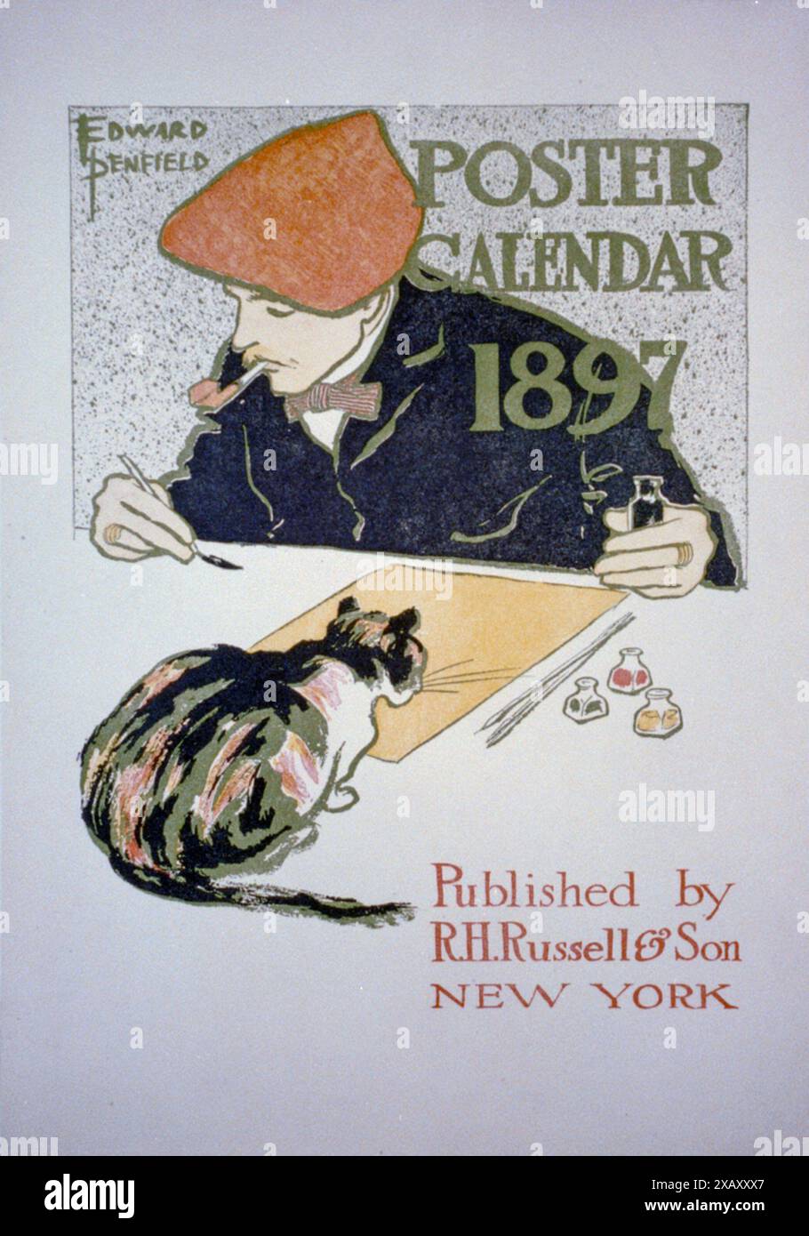 Calendrier des affiches 1897 / Edward Penfield | L'affiche montre un artiste peignant comme un chat, assis sur la table, des montres. Banque D'Images
