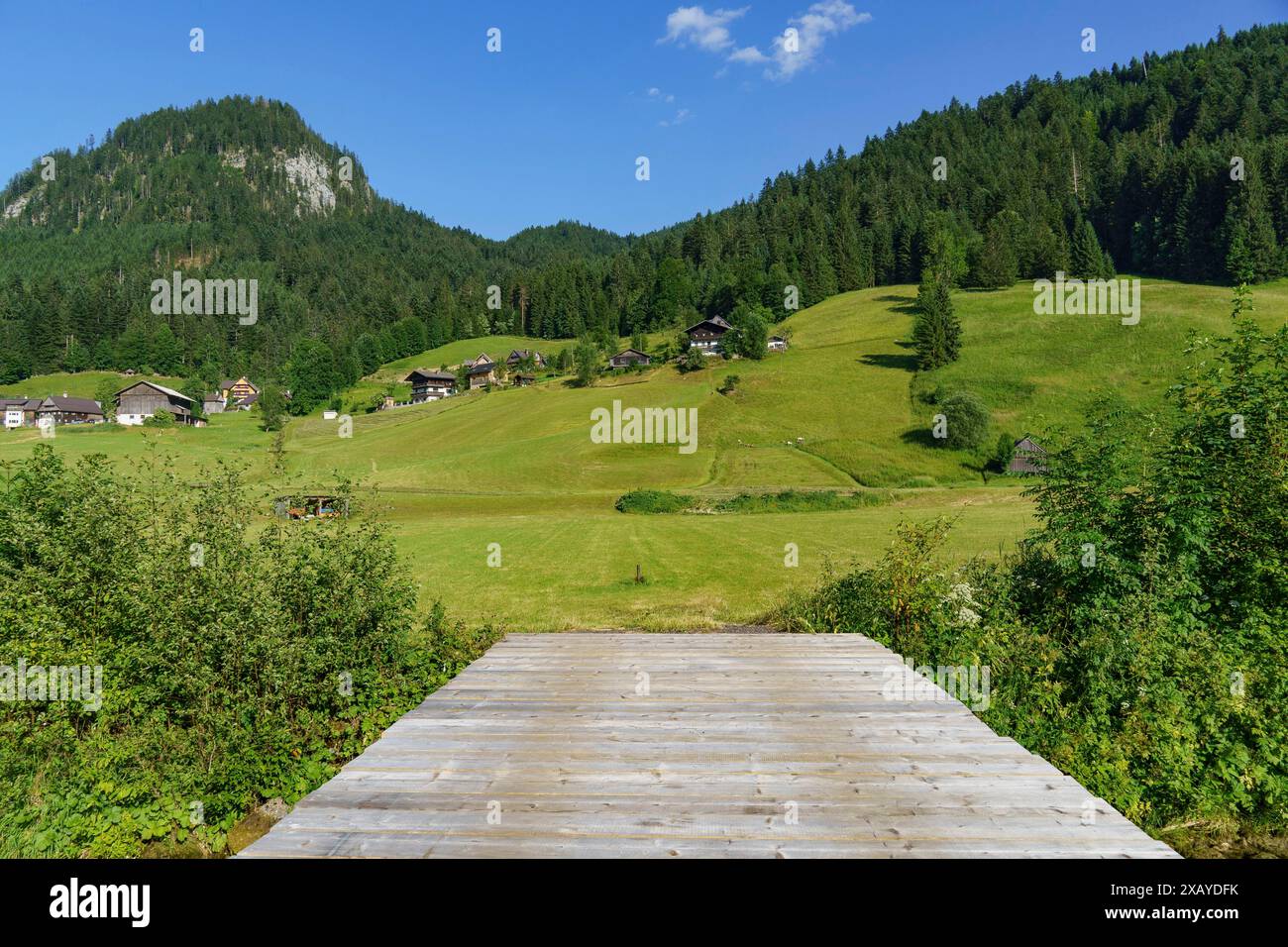 Un pont en bois surplombe un terrain verdoyant avec plusieurs maisons, arbres et montagnes en arrière-plan par une journée d'été ensoleillée, Gosau, Autriche Banque D'Images