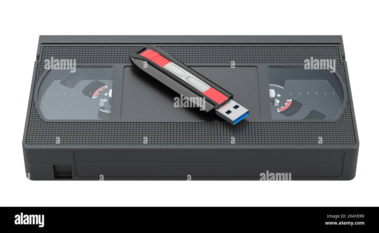 Cassette vidéo VHS avec lecteur flash USB, rendu 3D isolé sur fond blanc Banque D'Images
