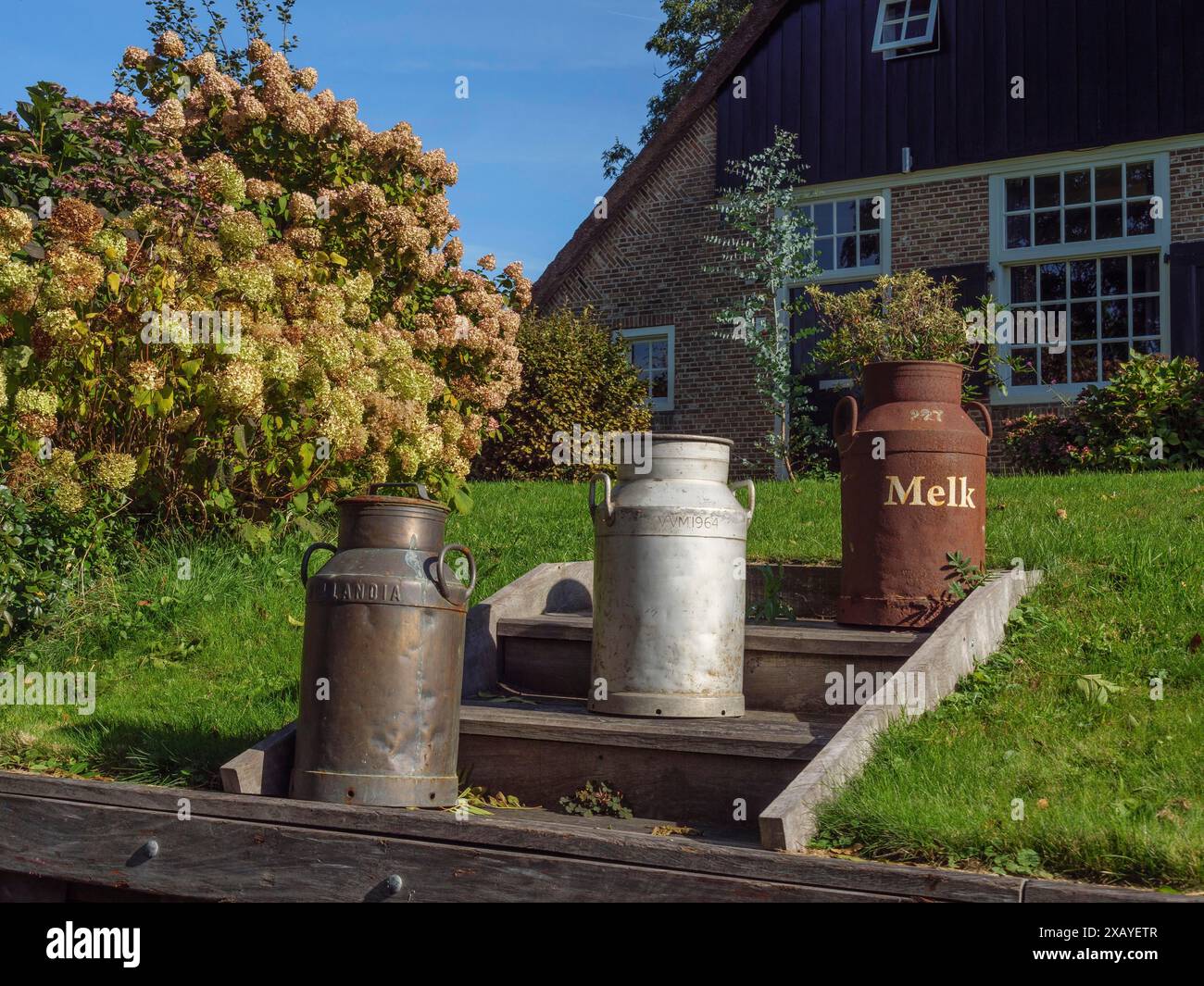 Trois vieilles canettes de lait se trouvent dans le jardin d'une ferme, entourée de fleurs et d'une prairie verte, giethoorn, pays-Bas Banque D'Images