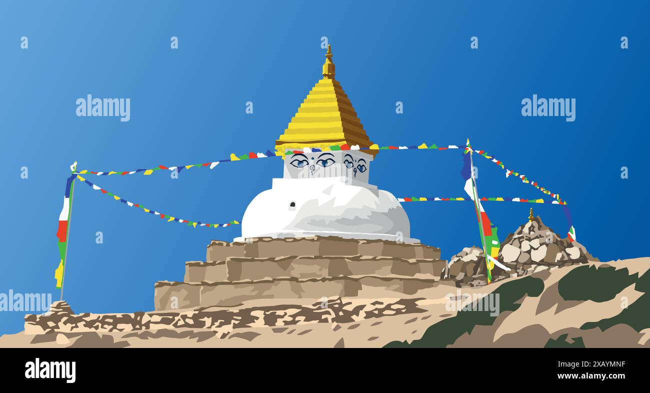 Stupa bouddhiste ou chorten avec des drapeaux de prière isolés sur fond de ciel bleu, bouddhisme au Népal, fabriqué selon stupa près du village de Dingboche, Khumbu Illustration de Vecteur