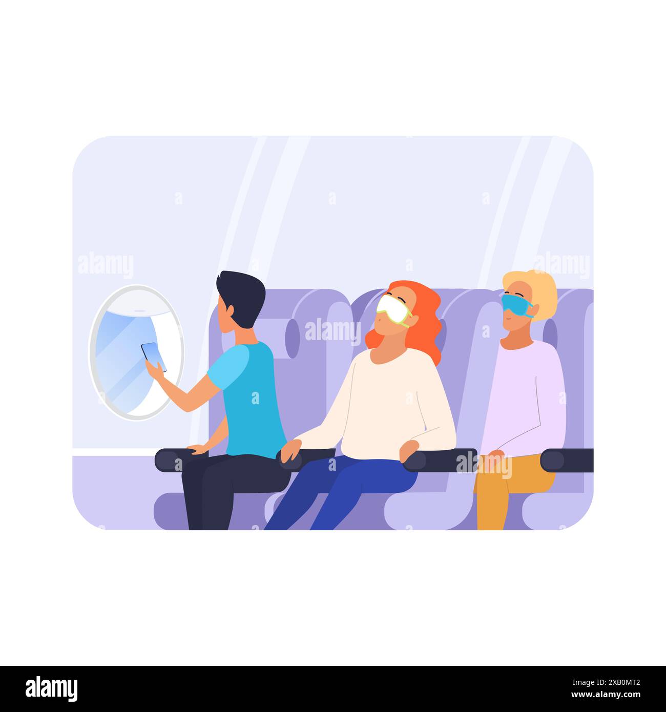 Passagers assis dans des sièges de cabine d'avion, homme prenant la photo de l'illustration vectorielle de fenêtre Illustration de Vecteur