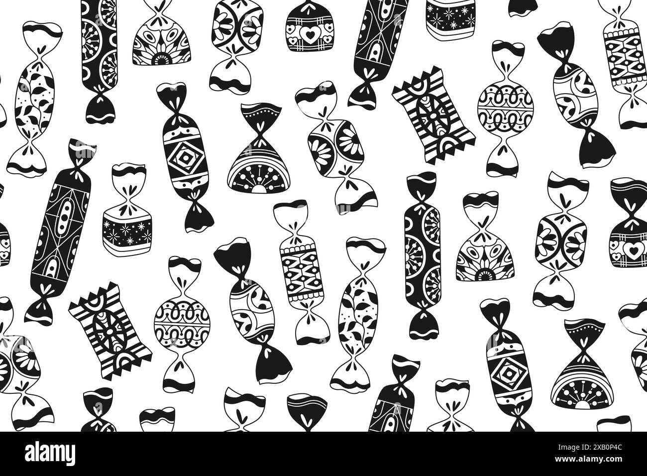 Bonbons enveloppés de bonbons motif sans couture. Bonbon Lollipop trendy caramel répétition Boundless fond. Savoureux Sugar Snack sans fin conception de glyphe doodle pour l'impression sur papier, vecteur de toile de fond d'emballage textile en tissu Illustration de Vecteur